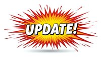Comic book style explosion burst with UPDATE text in bold letters on yellow center with red radiating spikes for announcements and notifications.
