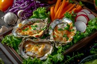 Fresh oysters with spicy sauce served on wooden platter with colorful vegetables, radish, carrots, purple cabbage and green lettuce garnish for seafood restaurant menu.
