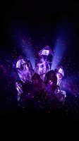 Purple amethyst crystal cluster floating in cosmic space with stars and nebula background for spiritual healing and meditation concepts.