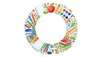 Back to school supplies arranged in circular frame with apple, pencils, paints, books, and stationery on white background. Isolated clipart for educational designs.