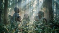 Group of diverse young adults camping in misty forest sharing stories around campfire with sunbeams filtering through tall trees creating magical atmosphere.
