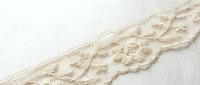Cream-colored embroidered lace trim with delicate floral and vine patterns, isolated on white background, ready for textile design, fashion, and craft projects.