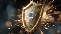 Golden shield with microchip radiating bright sparks symbolizing cybersecurity protection and digital defense against cyber threats and data breaches.