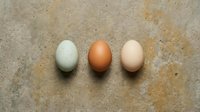 Three fresh eggs in different colors arranged on rustic concrete surface for cooking and baking concepts.