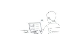 Young professional man working on laptop computer at desk with coffee cup in modern office workspace for business and productivity concepts.
