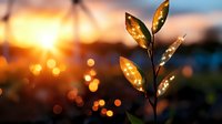 Young plant leaves silhouetted against golden sunset with bokeh lights creating magical atmosphere. Nature awakening concept for environmental themes.