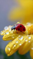 Red ladybug with water drops on yellow flower petals in macro photography. Morning dew creates magical atmosphere with bokeh effect and soft background.