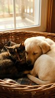 Adorable puppy and kitten sleeping together in wicker basket by sunny window. Cozy pet friendship scene for animal lovers and home decor concepts.