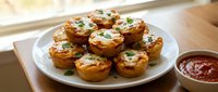 Golden baked potato cups filled with melted cheese and fresh herbs, served on white plate with dipping sauce for appetizers and party snacks.