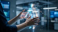 Businessman hands creating holographic human figure with digital particles in modern office environment for technology and innovation concepts.