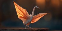 Delicate origami crane with autumn leaf-like wings standing on textured surface against blurred warm background at sunset.