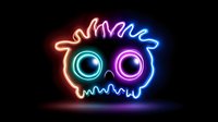 Glowing neon monster face with big eyes in vibrant colors on dark background, spiky hair design creates playful character for gaming and entertainment projects.