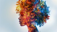Artistic profile silhouette of African American woman with vibrant autumn leaves and blue watercolor textures creating hair, double exposure effect on light background.