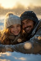Happy father and daughter enjoying winter day outdoors in warm knit hats and scarves, smiling together in golden sunlight with snow falling around them.