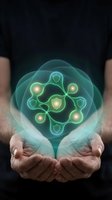 Hands holding glowing green energy sphere with sacred geometry pattern, spiritual healing concept for wellness and meditation practices.