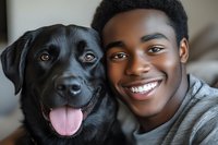 Young African American man smiling with his black Labrador retriever dog in close-up portrait showing genuine happiness and companionship between pet owner and faithful friend.