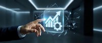 Businessman hand touching glowing digital interface with upward arrow, bar chart and gear icon symbols representing business growth, analytics and optimization strategy.
