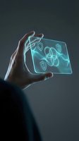 Hand holding glowing holographic interface with cybersecurity shield icons and biometric fingerprint scanner for digital protection and data security.