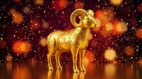 Golden ram statue with ornate decorative patterns stands against warm bokeh lights and dark burgundy background, symbolizing wealth and prosperity for design projects.
