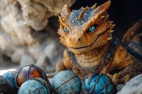 Fantasy dragon figurine with blue eyes guarding colorful eggs in mystical cave setting for gaming and mythology enthusiasts.