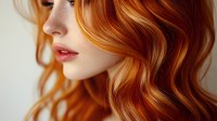 Close up portrait of young woman with vibrant copper red wavy hair and natural makeup against light background, side view showing soft feminine features.