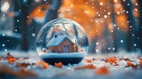 Magical snow globe with red wooden cabin and cardinal bird against autumn leaves background, glowing bokeh lights and falling snow create dreamy winter scene.