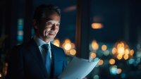 Confident mature Asian businessman in suit reviewing documents at night office with city lights bokeh background for corporate presentations.