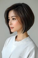 Young Asian woman with short dark bob hairstyle wearing white top in profile view against neutral background, showcasing modern minimalist beauty and fashion style.