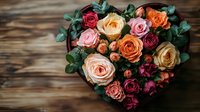 Fresh roses in peach, pink and coral shades arranged in heart-shaped box with green eucalyptus leaves against rustic wooden background, romantic floral composition.