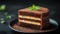 Layered chocolate cake slice with cream filling and mint garnish on dark plate, dusted with cocoa powder against black background, moody food photography.