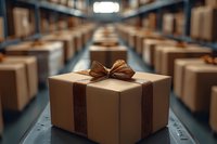 Brown kraft paper gift box with satin ribbon bow on conveyor belt in large warehouse storage facility, selective focus on single package against blurred background.