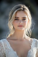 Young Caucasian woman with blonde hair in white lace wedding dress smiling softly at camera. Natural sunlit portrait with soft bokeh background and glowing skin.