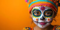 Traditional sugar skull face paint makeup with colorful dots and floral patterns on young woman wearing bright knitted hat against vibrant orange background.