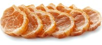 Fresh raw pork tenderloin sliced in even medallions arranged in row showing marbling and texture on white background, isolated for culinary and menu designs.