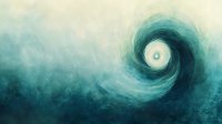 Swirling turquoise and teal storm clouds form a dramatic spiral pattern against dark atmospheric background, creating mysterious cosmic vortex effect.