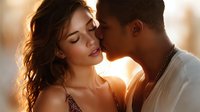 Intimate moment between diverse couple in warm sunset light, sharing tender kiss with eyes closed, romantic atmosphere and soft golden glow background.