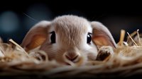Cute rabbit with brown and white fur peeking over straw bedding, suitable for pet care, agriculture, and children's content projects.