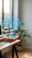Hands holding glowing digital tree with circuit board branches and leaves representing technology growth, innovation, and sustainable development concepts.