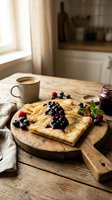 Homemade crepes with mixed berry jam and fresh berries on rustic wooden board, cozy kitchen breakfast scene with coffee cup and natural lighting.