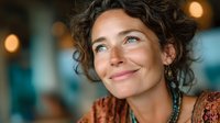 Mature Caucasian woman with curly hair smiling thoughtfully in soft lighting, wearing ethnic jewelry and patterned clothing for lifestyle and wellness content.