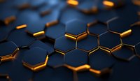 Dark hexagonal geometric pattern with glowing orange edges creating futuristic technology background, abstract honeycomb structure with dramatic lighting effect.