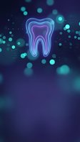 Glowing neon tooth outline with blue and purple lights on dark background for dental care and oral health concepts.