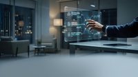 Businessman touching futuristic holographic interface with digital icons in modern office environment showcasing advanced technology and innovation.