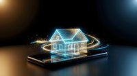 Smart home technology concept with glowing house hologram on smartphone screen showing connected devices and automation systems for modern living.