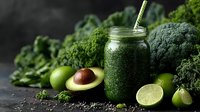 Green smoothie in glass jar with fresh vegetables and fruits on dark background, perfect for healthy lifestyle and detox diet promotion.