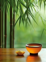 Zen tea ceremony setup with orange ceramic bowl and ginger on wooden table against serene bamboo forest background for meditation and wellness concepts.