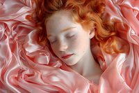 Young woman with red curly hair and freckles sleeping peacefully on pink silk fabric, eyes closed in serene expression, soft dreamy romantic portrait.