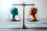 Balance scale with two contrasting colored head sculptures in turquoise and terracotta, symbolizing equality, justice, and social balance on wooden surface.
