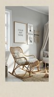 Cozy scandinavian living room corner with rattan rocking chair, gallery wall frames, natural light and neutral decor for home interior design.