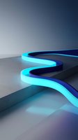 Glowing cyan neon tube with dark blue accent curves on modern concrete surface, contemporary design element for tech and futuristic projects.